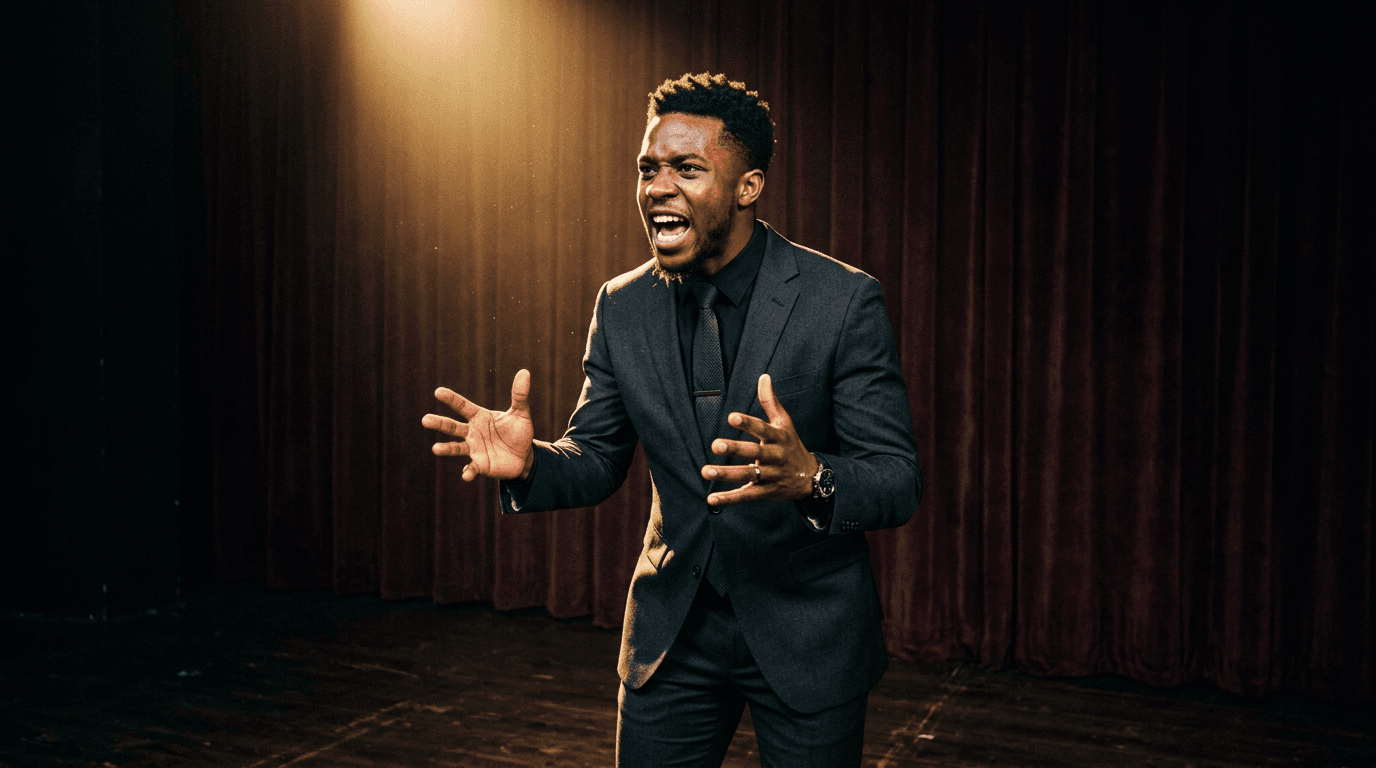 A performer in formal black suit on stage in warm spotlight, with deep red theatre curtains, representing passion and leadership in stepping culture.