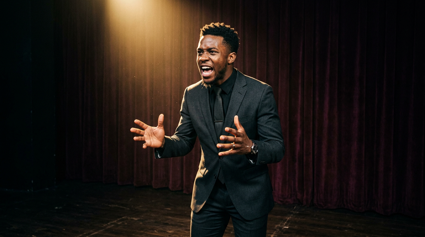 A performer in formal black suit on stage in warm spotlight, with deep red theatre curtains, representing passion and leadership in stepping culture.