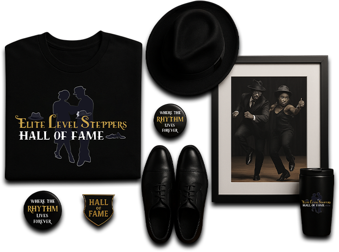 Hall of Fame merchandise: apparel, hat, dress shoes, framed photo, pins, and drinkware